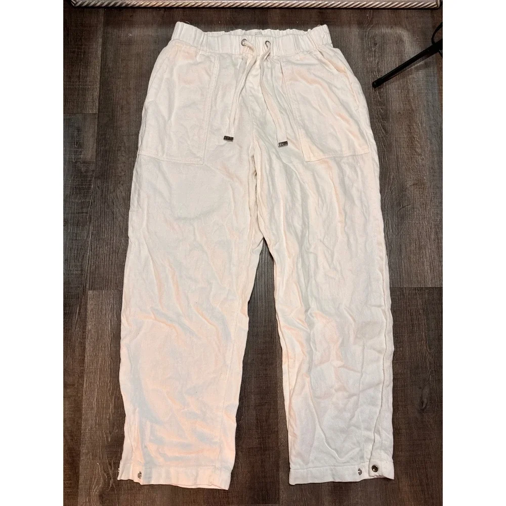 Zara Womens XS White 100% Cotton Drawstring Relaxed Straight Leg Pants Snap Hem
